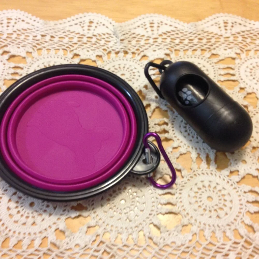 New Collapsible Pet Water Bowl with attachable waste bag dispenser